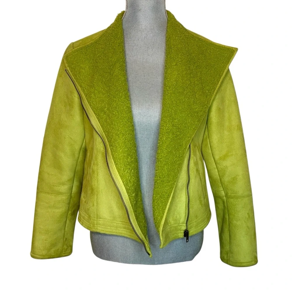 Kial Lime Green Faux Suede Sherpa Statement Moto Jacket - Picture 2 of 7